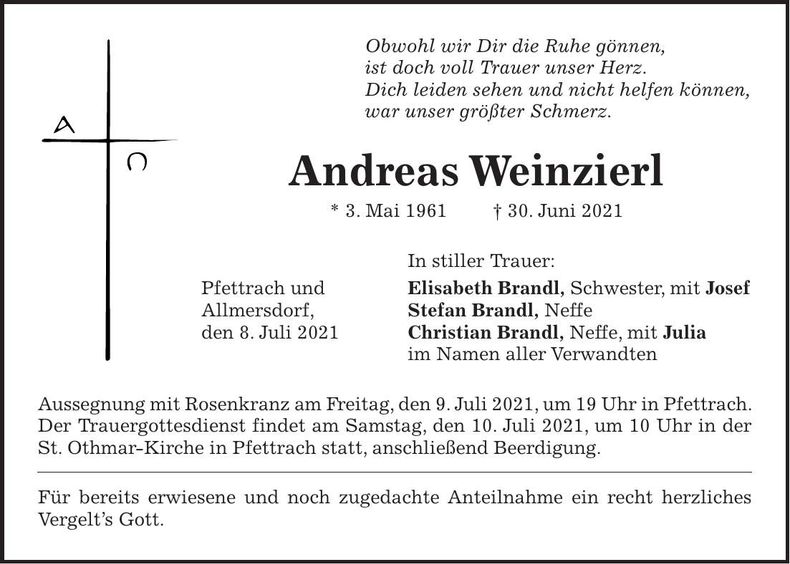 Traueranzeige Andreas Weinzierl