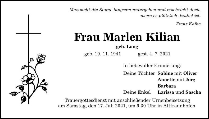 Traueranzeige Marlen Kilian