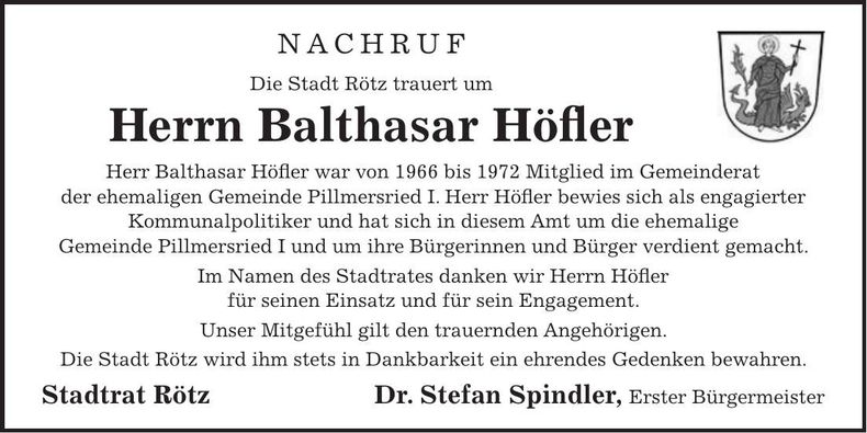 Traueranzeige Balthasar Höfler