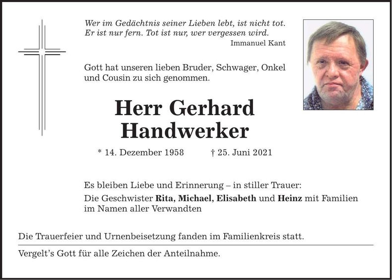 Traueranzeige Gerhard Handwerker