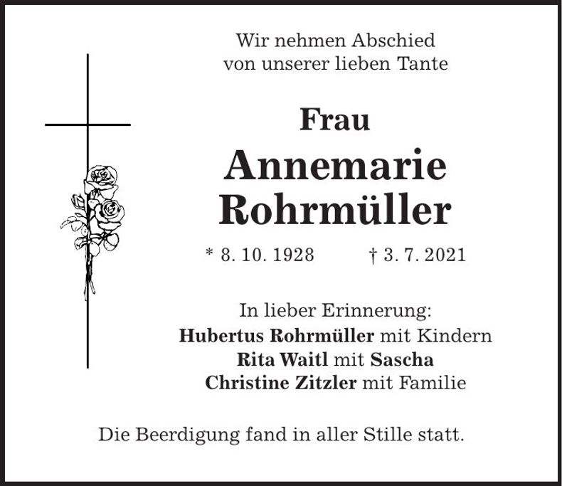 Traueranzeige Annemarie Rohrmüller