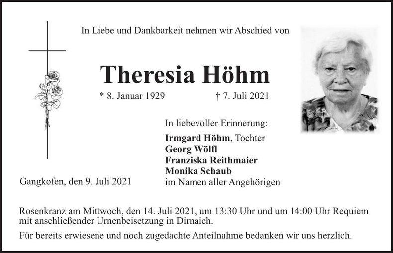 Traueranzeige Theresia Höhm