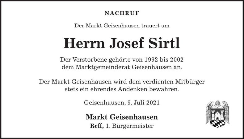 Traueranzeige Josef Sirtl