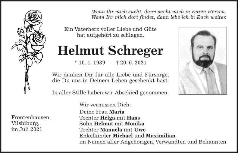 Traueranzeige Helmut Schreger
