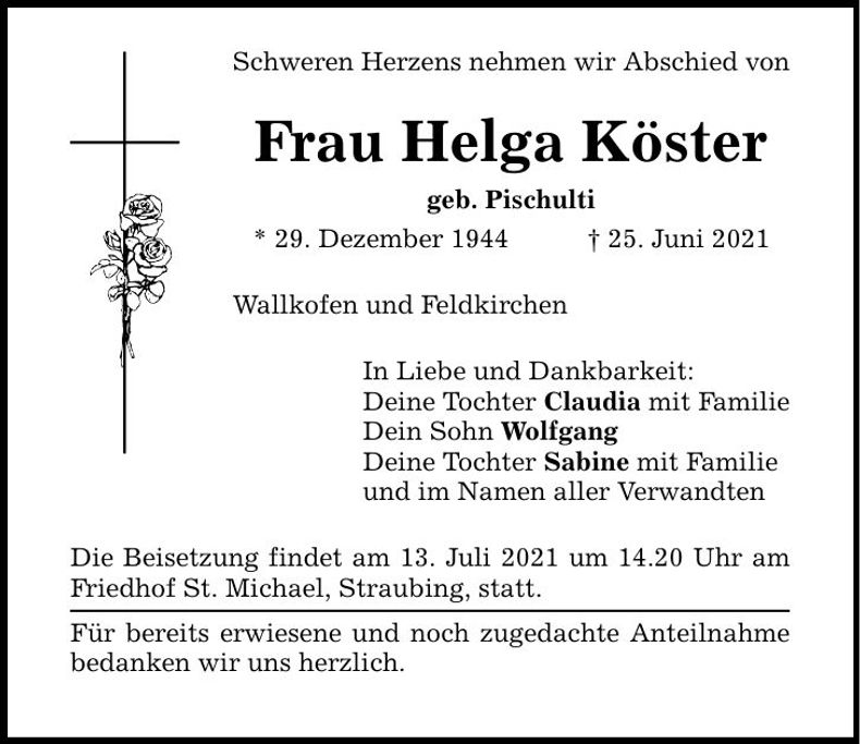 Traueranzeige Helga Köster