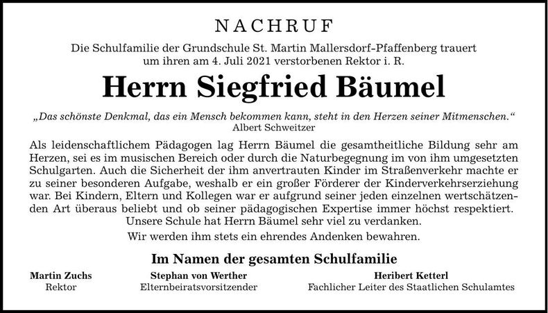Traueranzeige Siegfried Bäumel