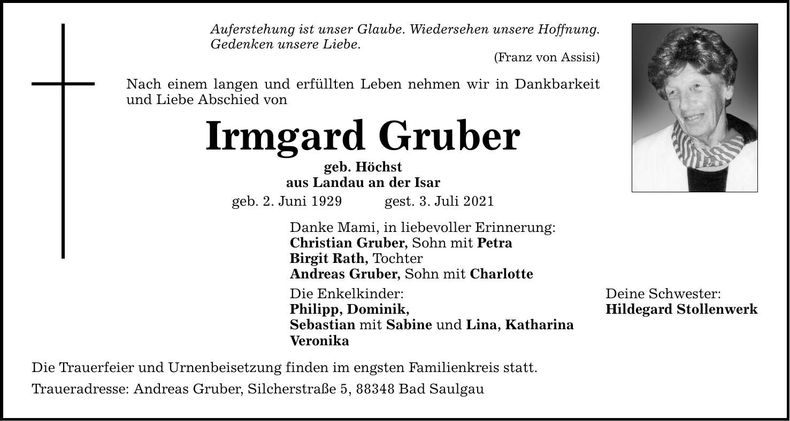 Traueranzeige Irmgard Gruber