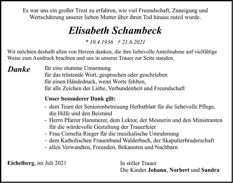 Traueranzeige Elisabeth Schambeck