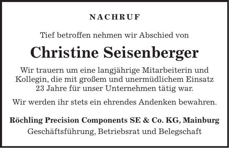 Traueranzeige Christine Seisenberger