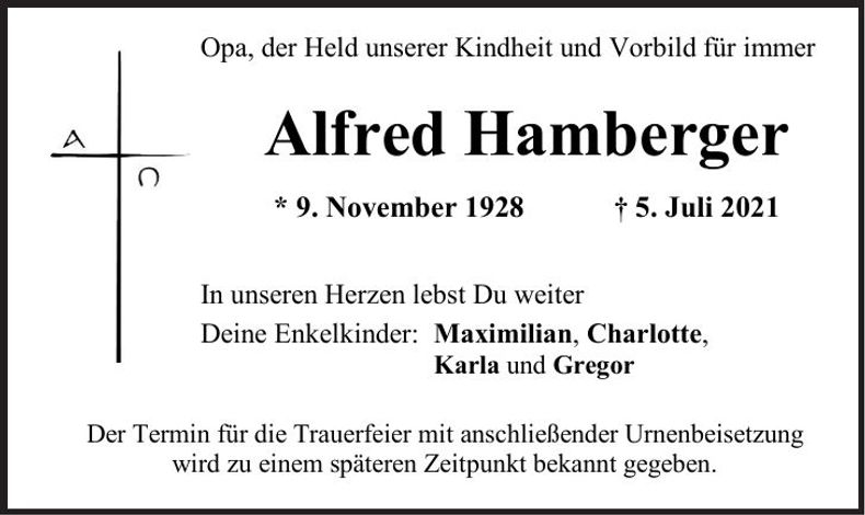 Traueranzeige Alfred Hamberger