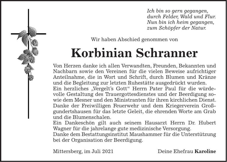 Traueranzeige Korbinian Schranner