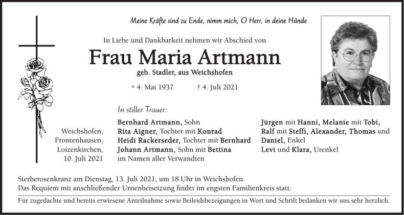 Traueranzeige Maria Artmann