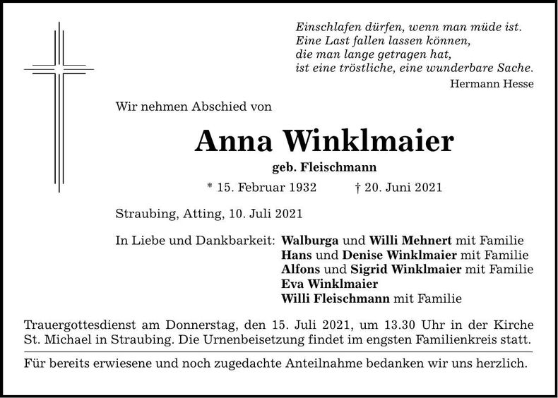 Traueranzeige Anna Winklmaier