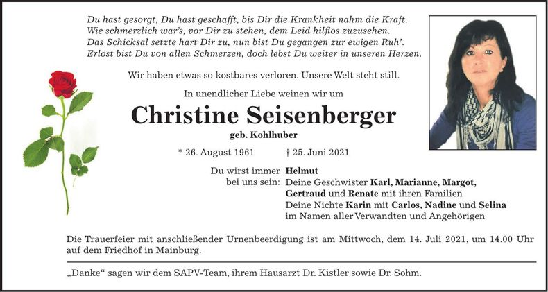 Traueranzeige Christine Seisenberger