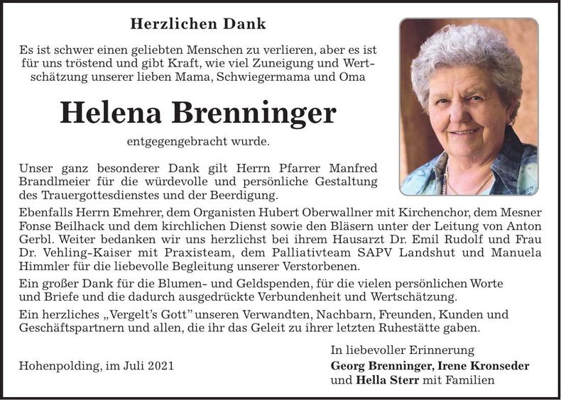 Traueranzeige Helena Brenninger