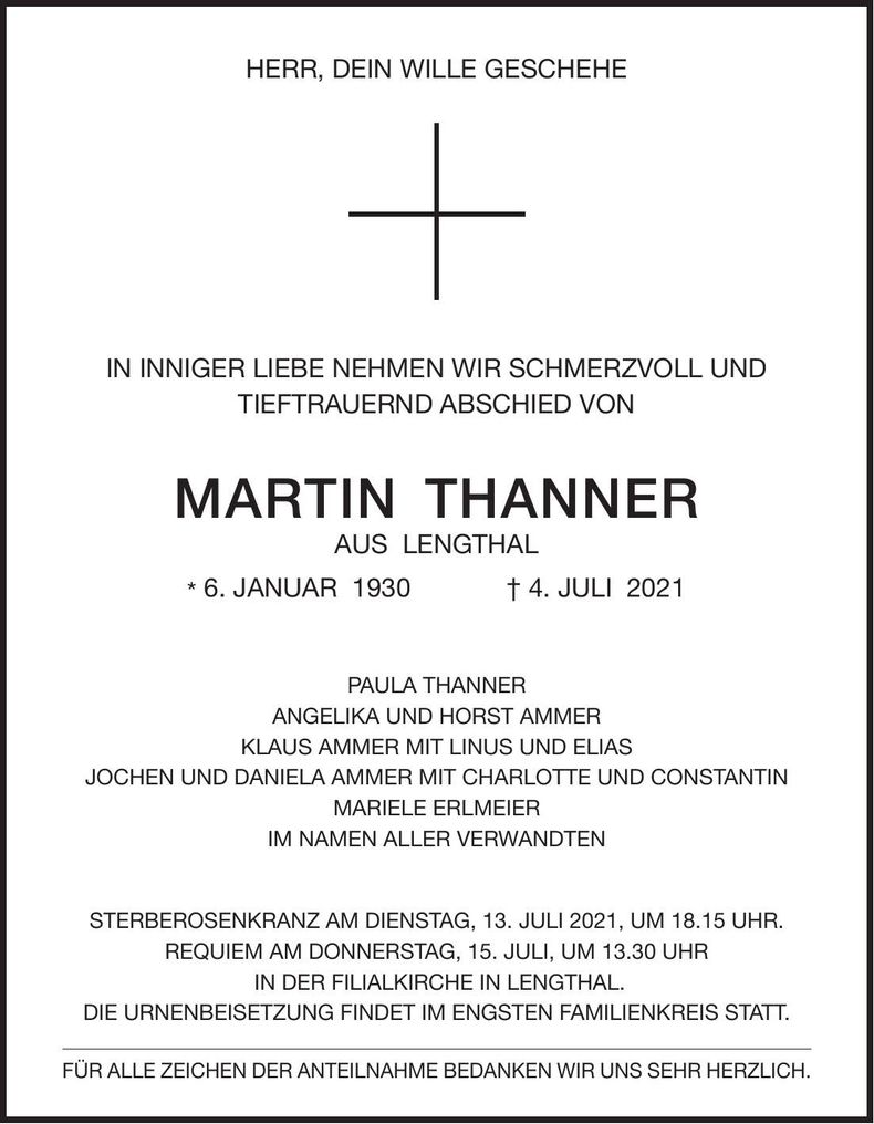 Traueranzeige Martin Thanner
