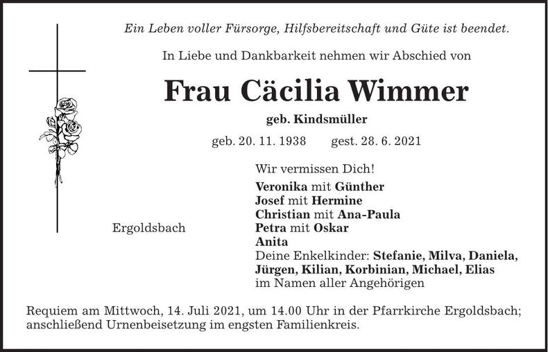 Traueranzeige Cäcilia Wimmer