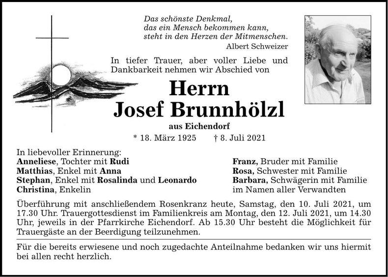 Traueranzeige Josef Brunnhölzl
