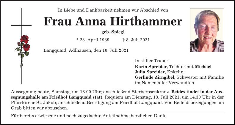 Traueranzeige Anna Hirthammer