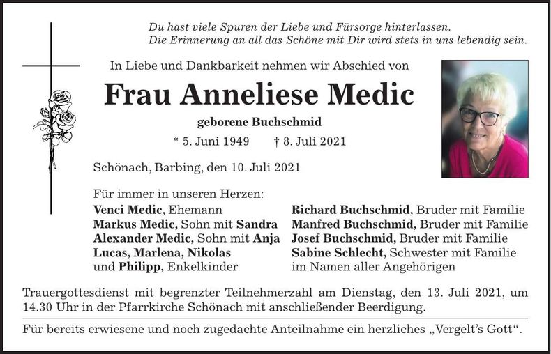 Traueranzeige Anneliese Medic