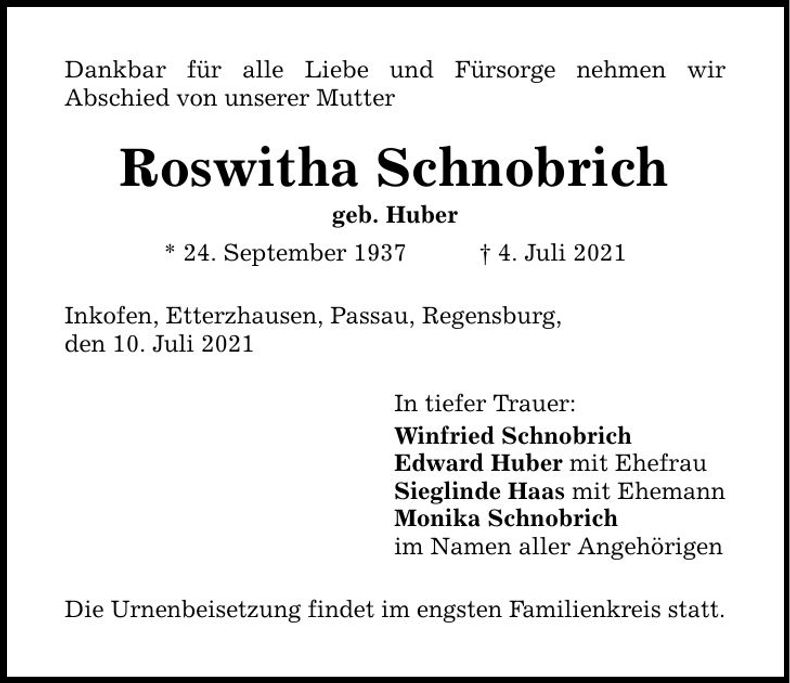 Traueranzeige Roswitha Schnobrich
