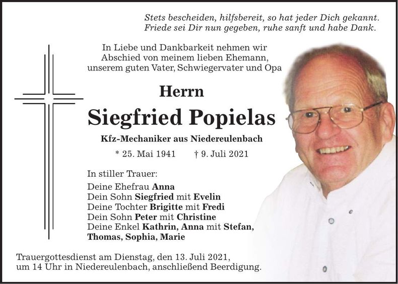 Traueranzeige Siegfried Popielas