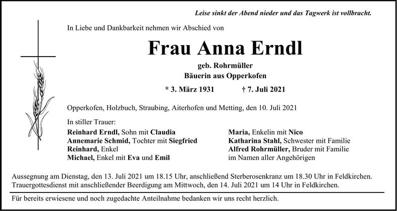 Traueranzeige Anna Erndl