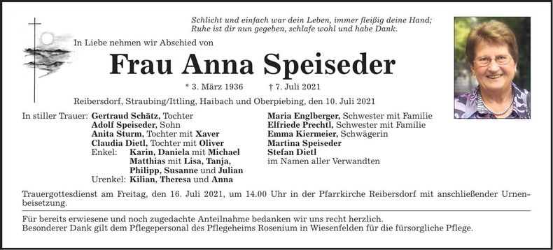 Traueranzeige Anna Speiseder
