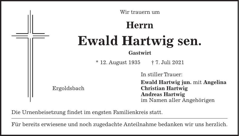 Traueranzeige Ewald sen. Hartwig