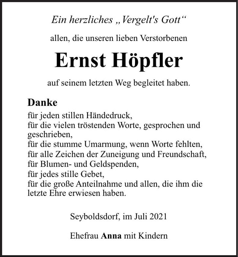 Traueranzeige Ernst Höpfler