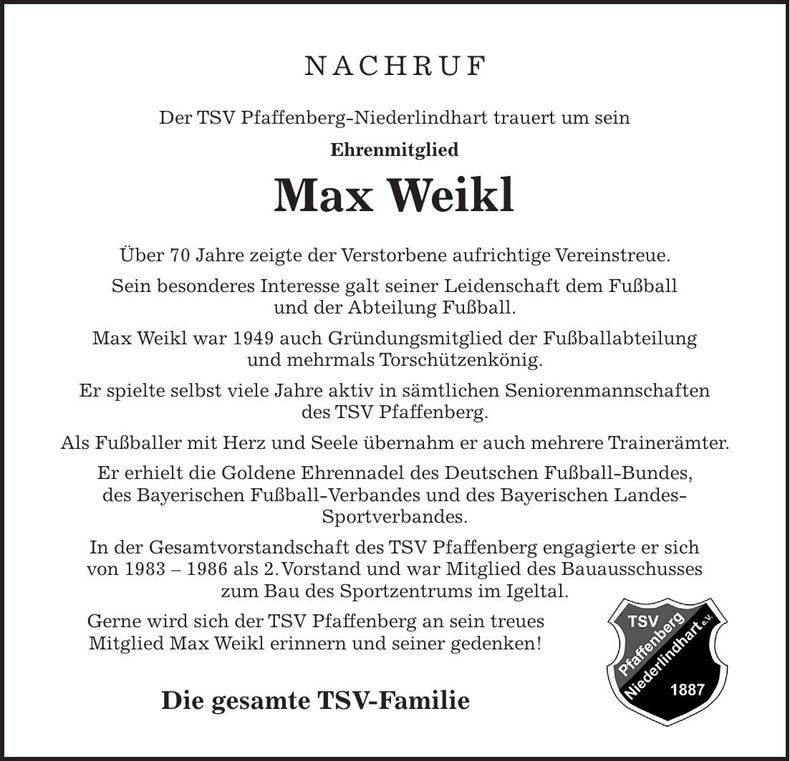 Traueranzeige Max Weikl