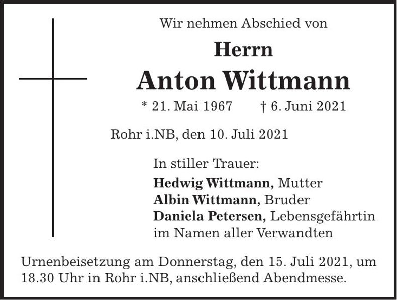 Traueranzeige Anton Wittmann