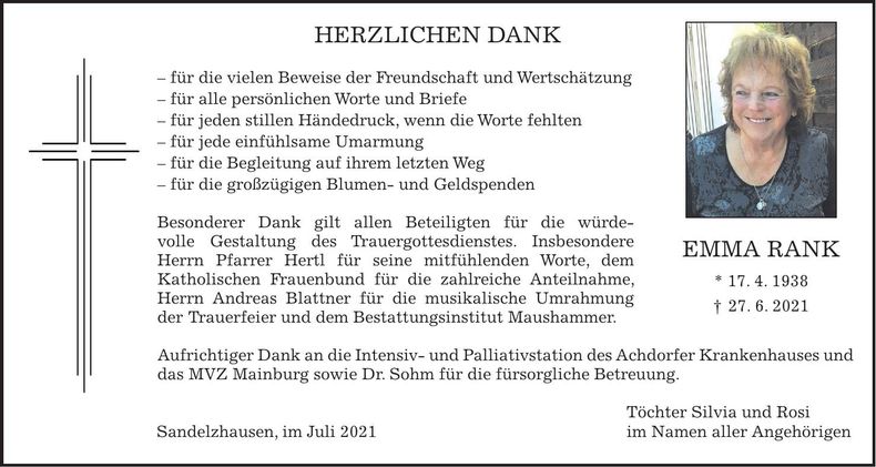 Traueranzeige Emma Rank