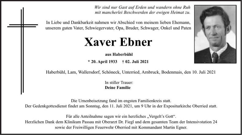 Traueranzeige Xaver Ebner
