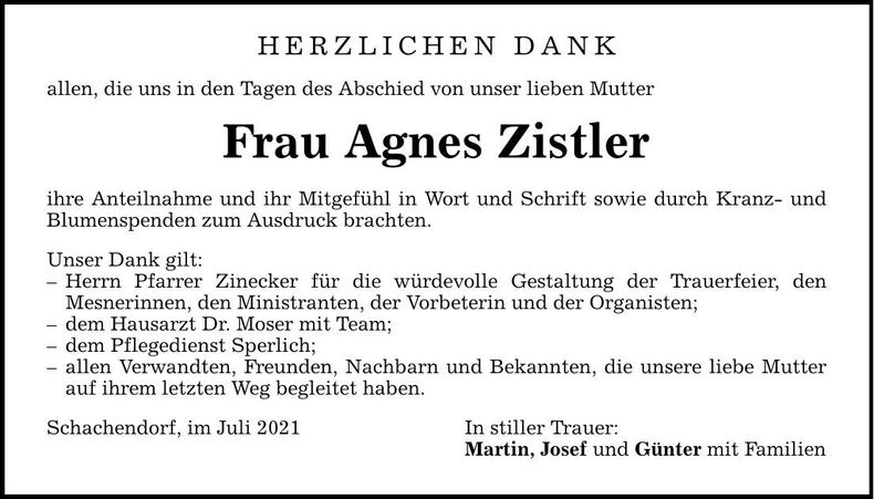 Traueranzeige Zistler Agnes