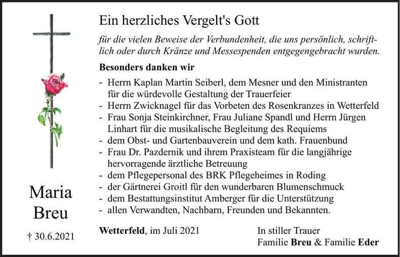 Traueranzeige Maria Breu