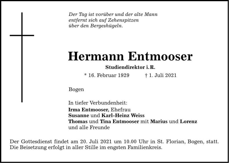 Traueranzeige Hermann Entmooser