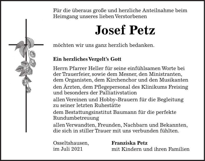 Traueranzeige Josef Petz