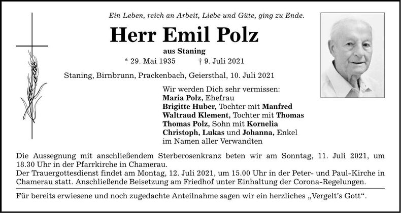 Traueranzeige Emil Polz