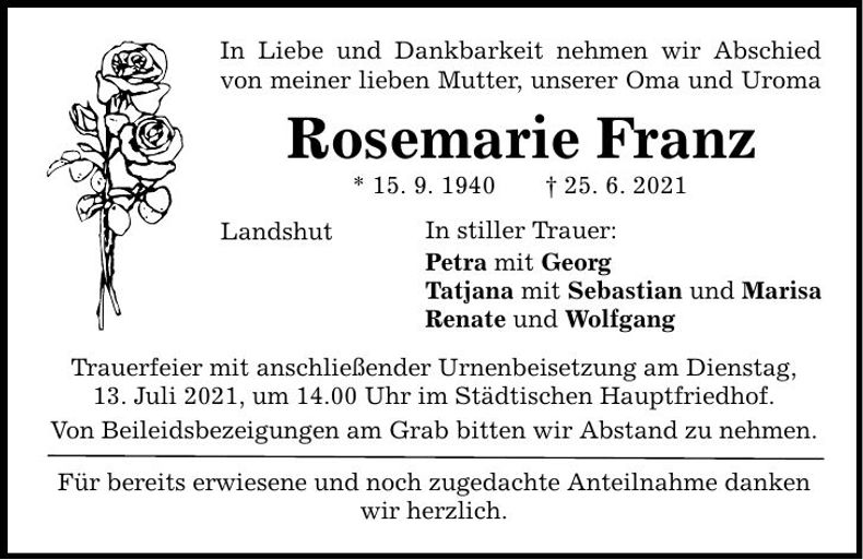 Traueranzeige Rosemarie Franz