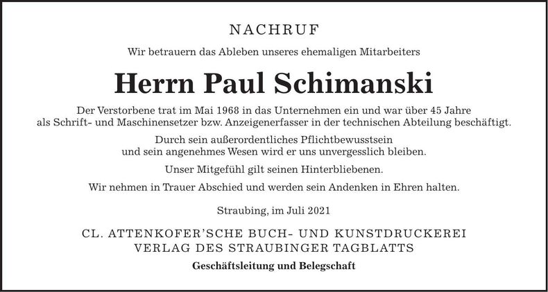 Traueranzeige Paul Schimanski