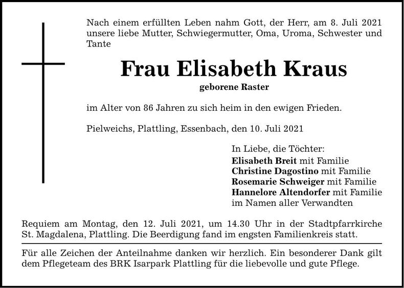 Traueranzeige Elisabeth Kraus