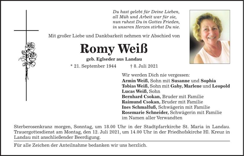 Traueranzeige Romy Weiß