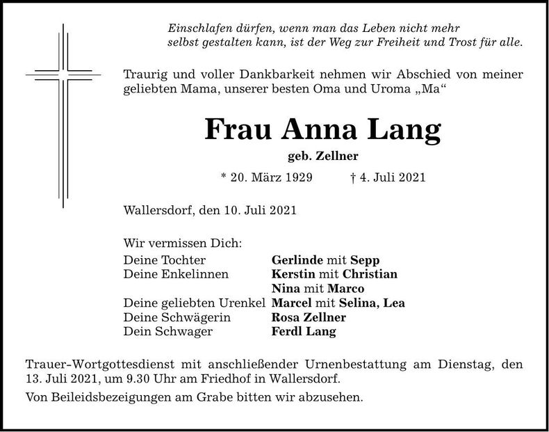 Traueranzeige Anna Lang