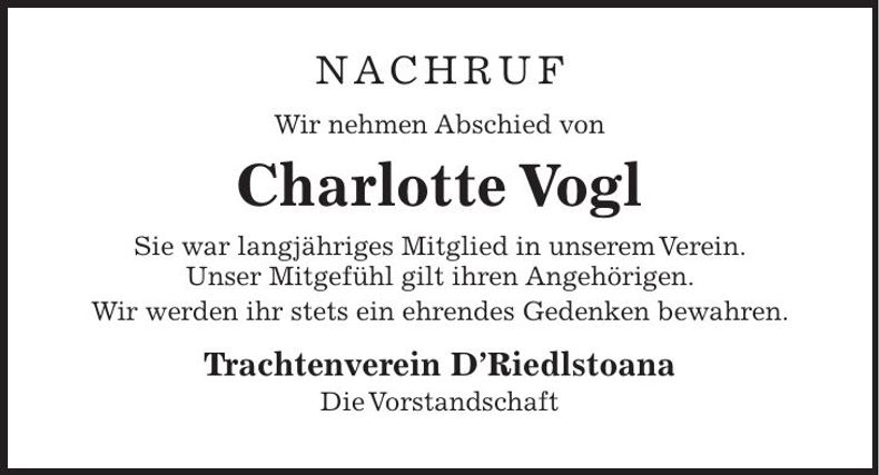 Traueranzeige Charlotte Vogl