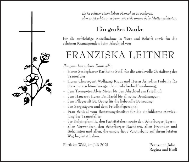 Traueranzeige Franziska Leitner