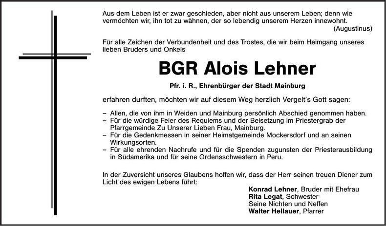 Traueranzeige Alois Lehner