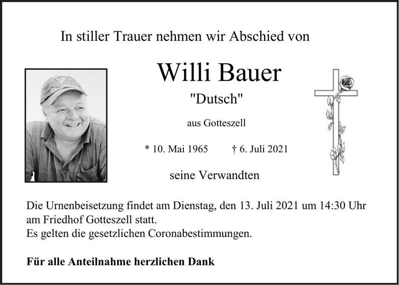 Traueranzeige Willi Bauer
