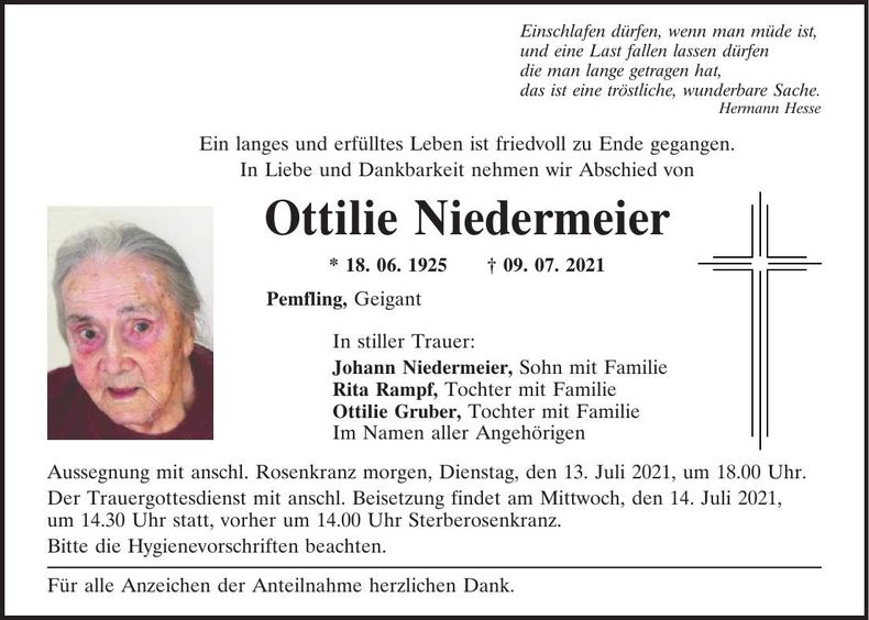 Traueranzeige Ottilie Niedermeier