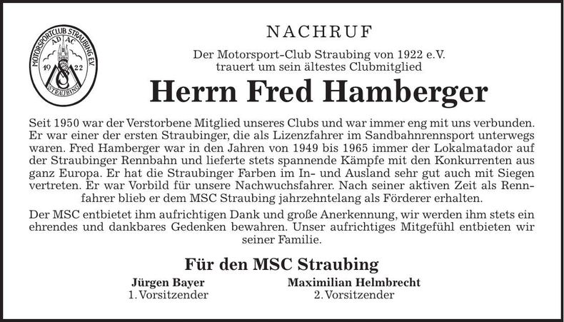 Traueranzeige Fred Hamberger